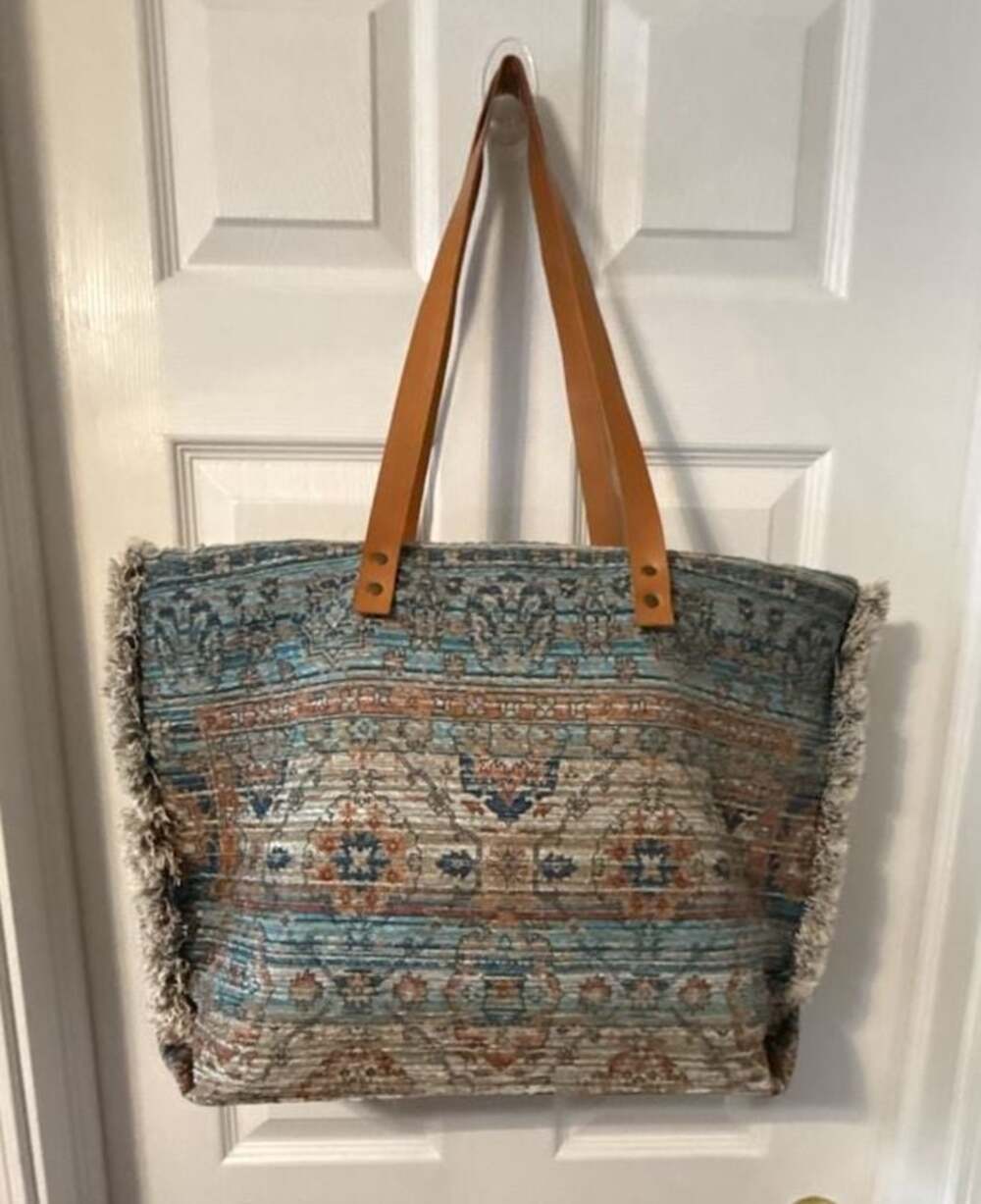 Large Bohemian Woven Carpet Fringe Tote Bag Faux Leather Boho Market Festival